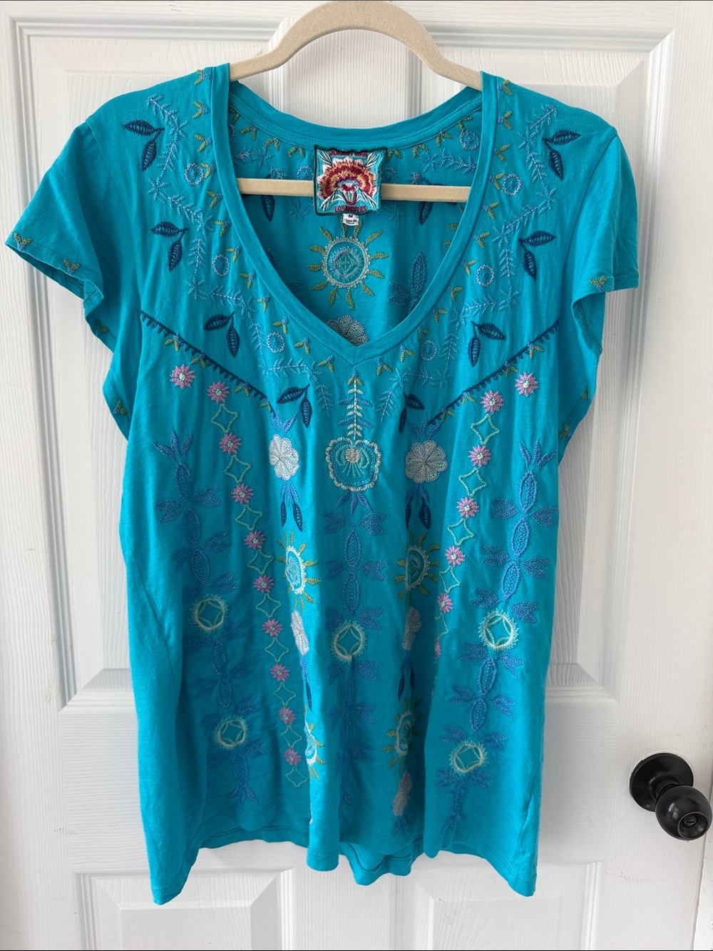 Johnny Was Teal Short-Sleeve Embroidered V-Neck Top
